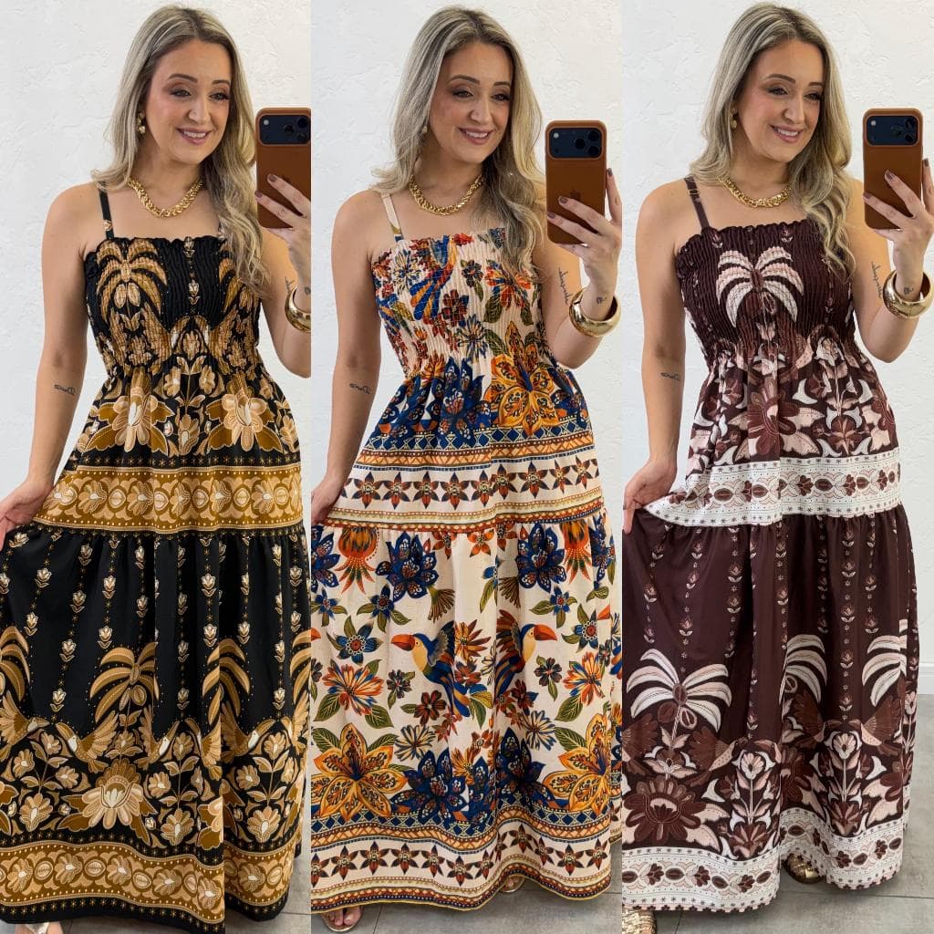 Vestido Feminino Longo Estampado Com Alça De Regulagem e Elastex