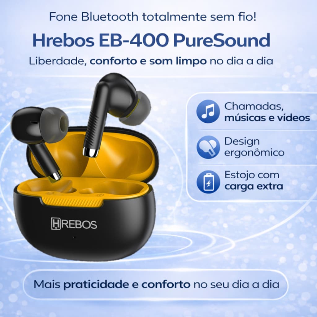 Fone de Ouvido Bluetooth Hrebos EB-400 PureSound – Liberdade Sem Fio com Estilo e Praticidade
