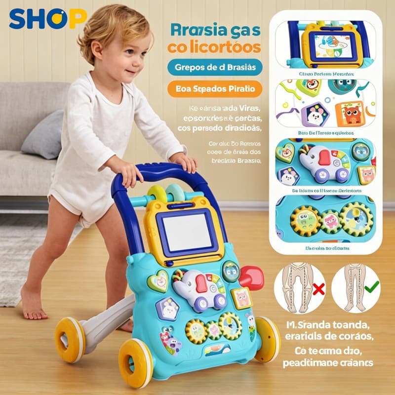 Andador Infantil Didático Musical Empurrador Bebê Quadro Magico Educativo Baby Style P20