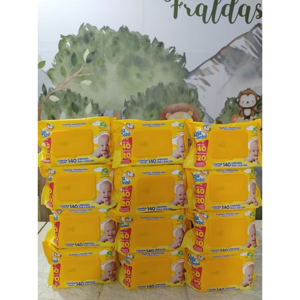 KIT 12 pacotes de lenços/toalhas umedecidas Upa bebê (1680 toalhas) s/álcool, cada pacote 140 lenços de 19cm x 13 cm
