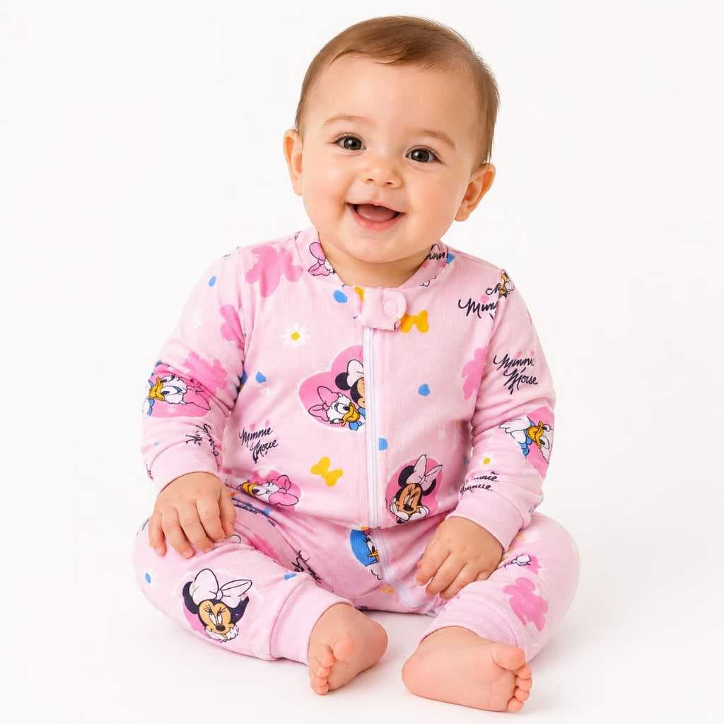 Macacão Bebê menina Algodão, com Zíper Frontal ,Tema Minnie, Roupa Bebê Confortável, Macio 0 a  9 meses.