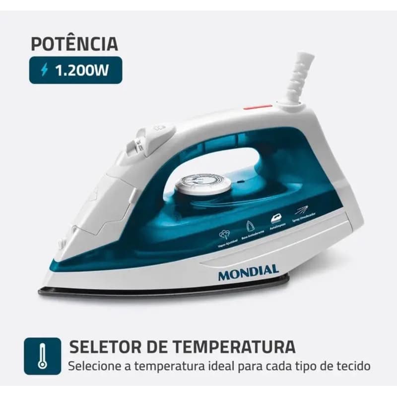 Ferro a Vapor Mondial, Base Antiaderente, 110V, 1200W, Branco/Azul