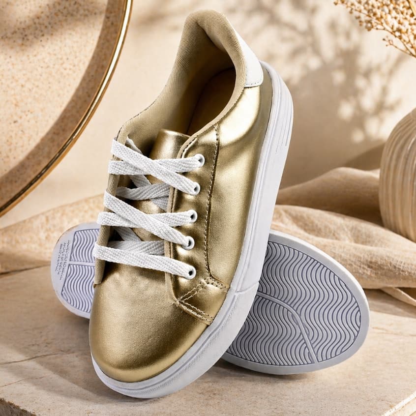Tênis Casual Feminino Dourado Confortável Leve Flexível Calçado Moderno Dia a Dia Sneaker Macio Mães