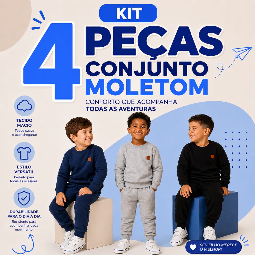 Kit 4 Peças LISOS Moletom Menino Infantil Masculino Conjunto Inverno Roupa Casual Resistente Cores Sortidas