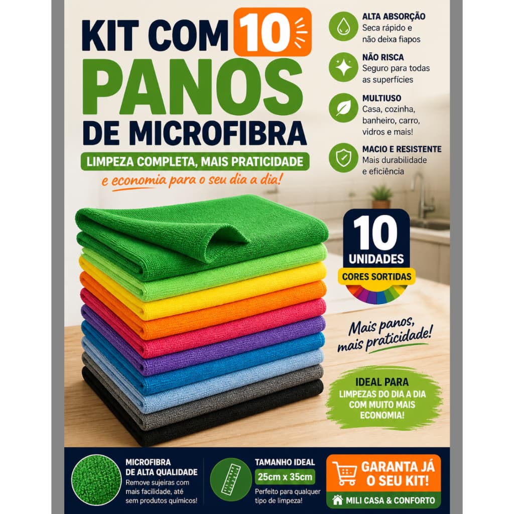 Pano de Limpeza Multiuso Kit 10 unidades Limpeza Geral Casa Carro Vidro Alta Absorção e Durabilidade