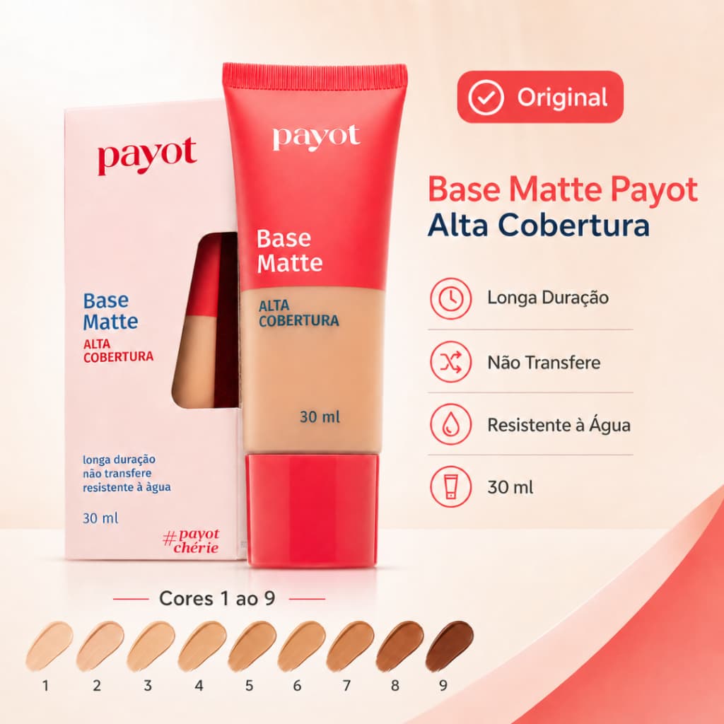 Base Líquida Payot Matte Alta Cobertura 30ml Longa Duração Cores 1 a 9