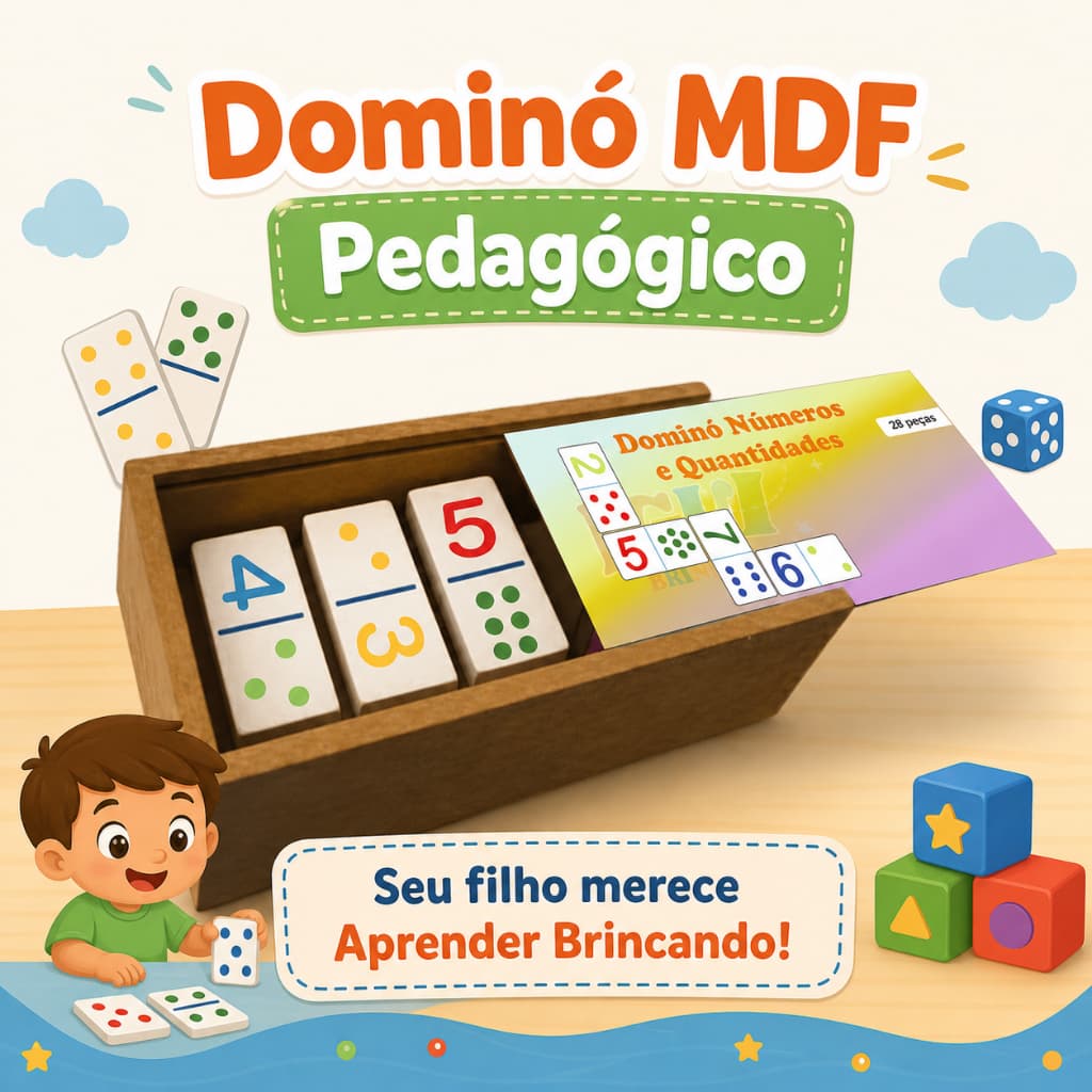 Dominó Jogo Educativo Infantil MDF 28 Peças Brinquedo Pedagógico Montessori Para Desenvolvimento