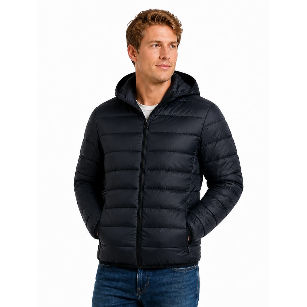 Jaqueta Puffer Masculina com Capuz Removível Mais Conforto Corta Vento Impermeável Preta Fofa Almofadada