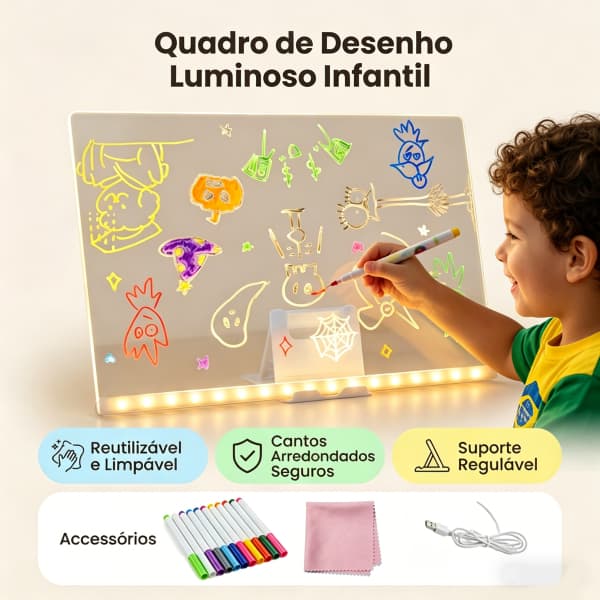 Lousa Mágica LED Apagável - Quadro de Mensagens Iluminado, Brinquedo Educativo Infantil 30x20cm