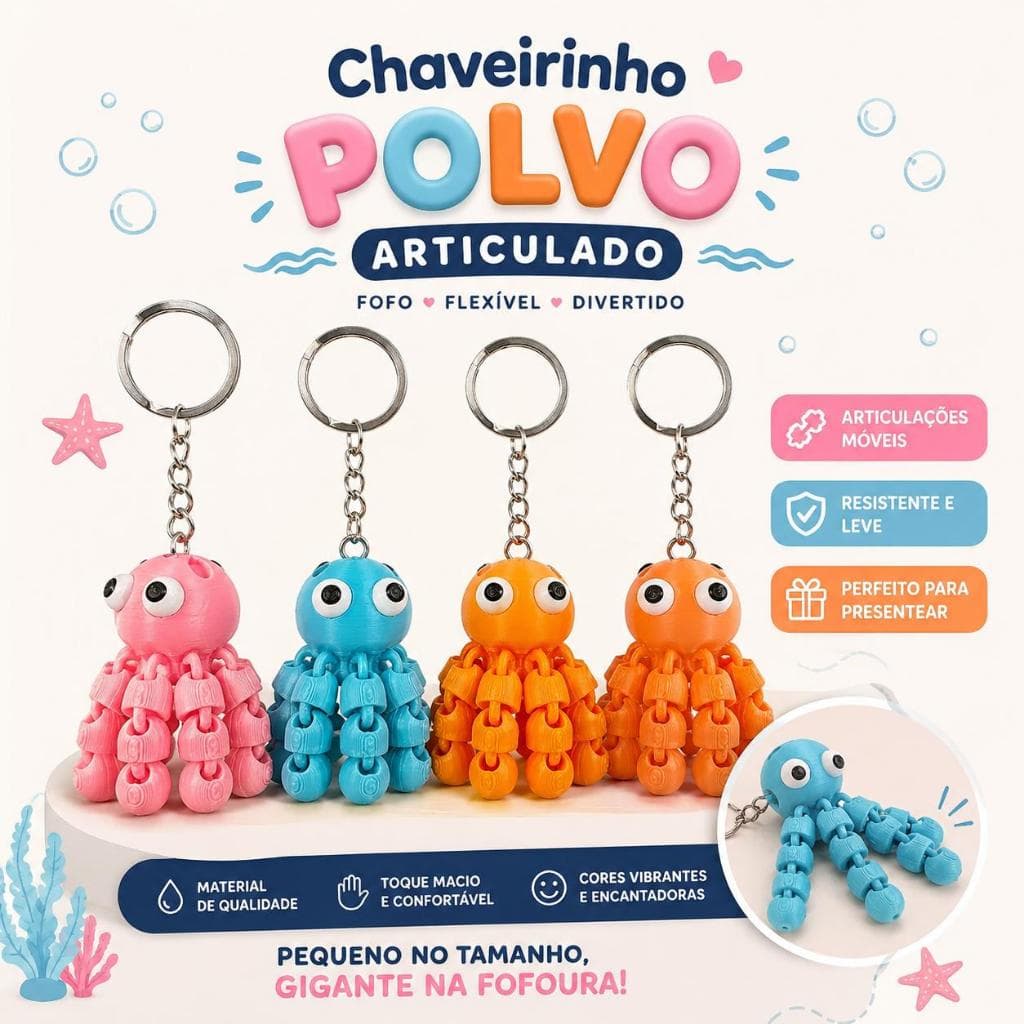 Kit 3 Chaveiros Polvo Articulado – Coloridos e Divertidos