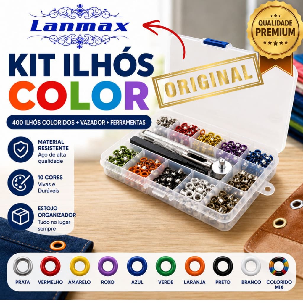 Kit Ilhós Colorido Lanmax 400 Peças 10 Cores + Vazador Aplicador Manual Artesanato Couro Tecido Scrapbook Patchwork