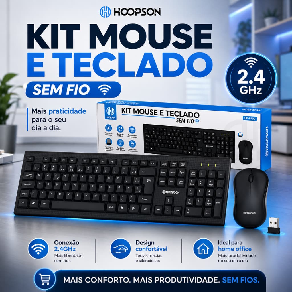 Kit Teclado e Mouse Sem Fio Preto USB para PC, Notebook e Escritório - Conexão Estável e Design