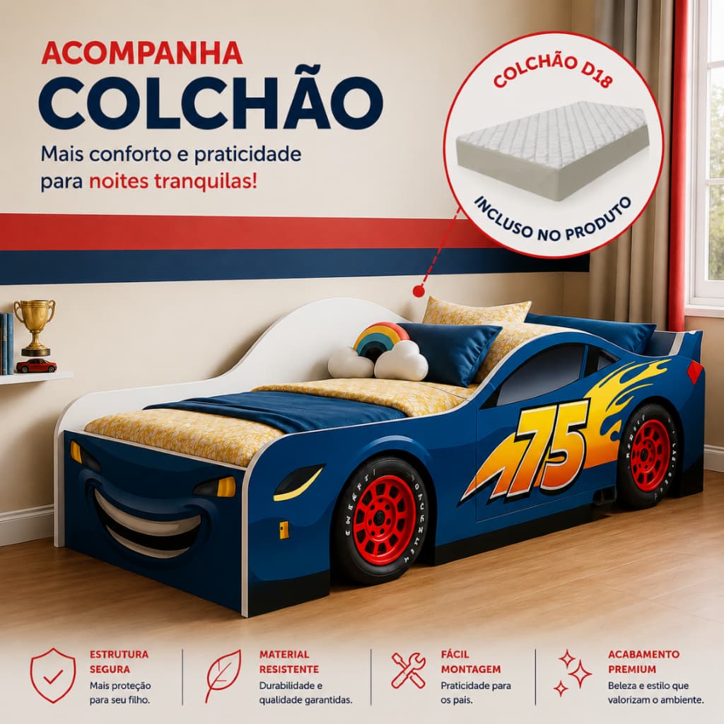 Cama Infantil Cama Carro McQueen com Colchão Para Quanrto Juvenil Feito em MDF Resistente