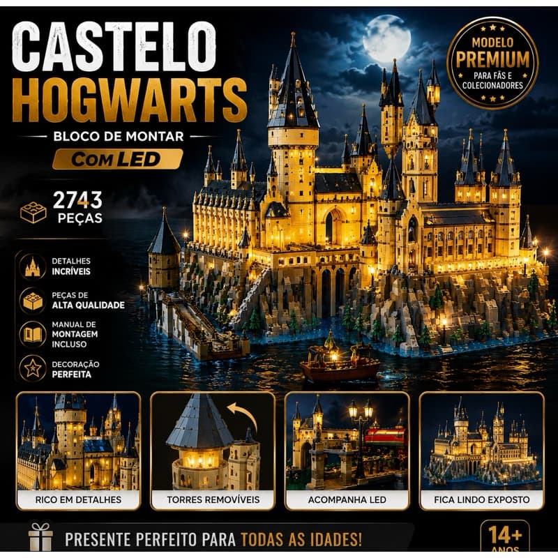 Castelo Hogwarts Bloco de Montar 2743 Peças Com LED Tipo Lego Harry Potter