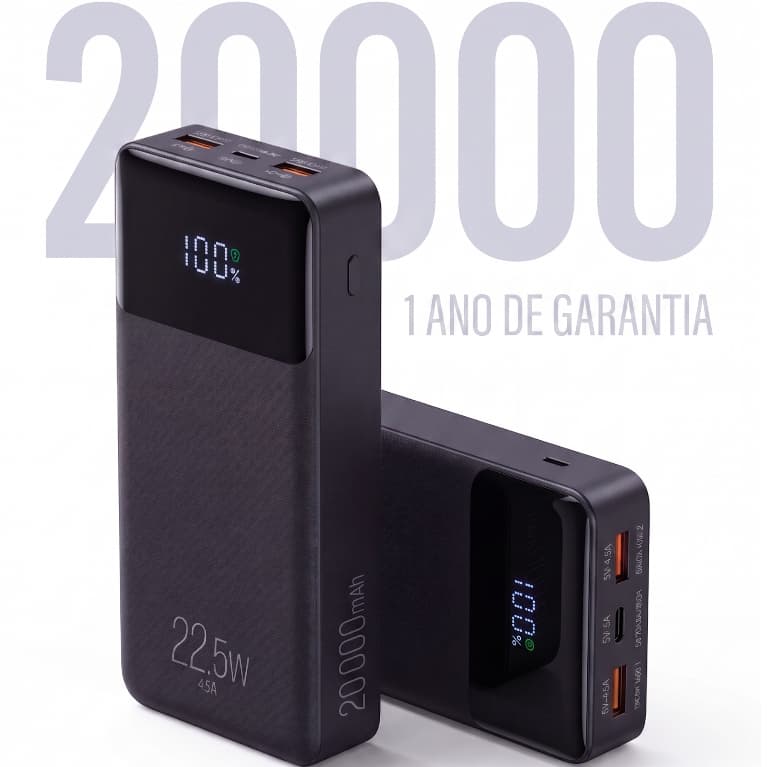 Power Bank Carregador Portátil Pro 20000mAH ELG PB200BK, Bateria Portátil Universal, Carga Rápida, Display Indicador