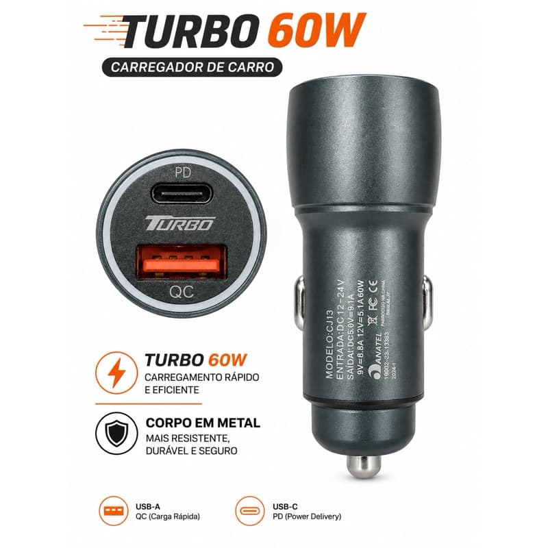 Carregador Veicular Turbo 60W USB-C + USB-A Carregamento Rápido Universal