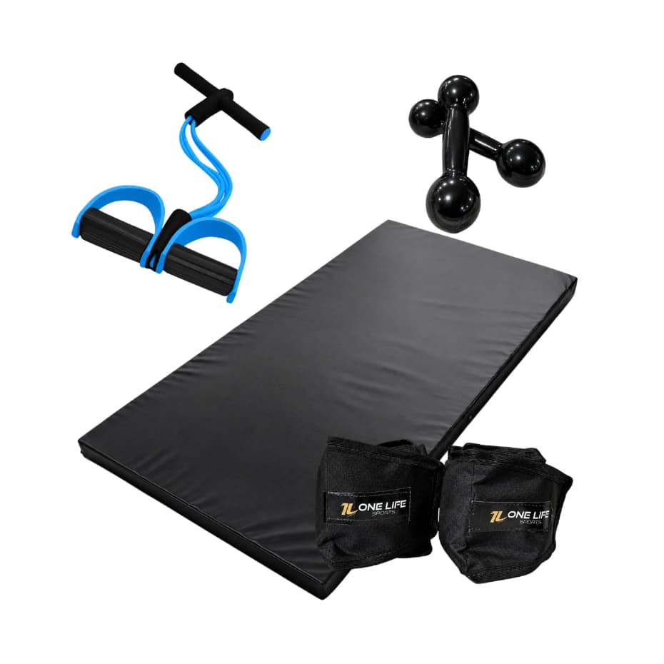 Kit Academia Casa – One Life Sports® – Caneleira 3kg Halter 1kg Colchonete Extensor | Uso Diário