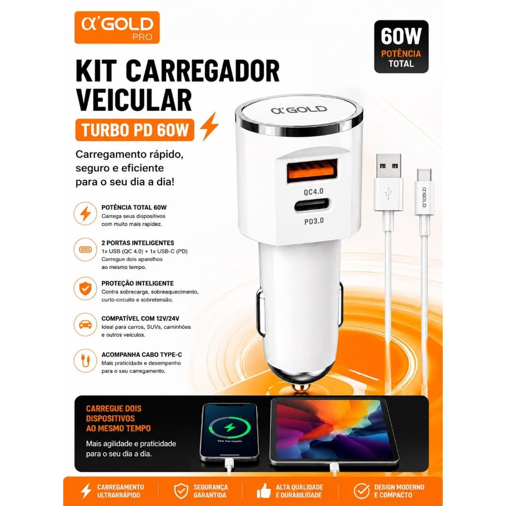Carregador Veicular 60W H’Maston Turbo USB Tipo-C PD QC3.0 Carga Rápida Carro