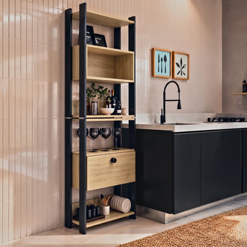 Estante Multiuso MDF com Nicho e Porta Basculante Organizador Cozinha Sala Lavanderia