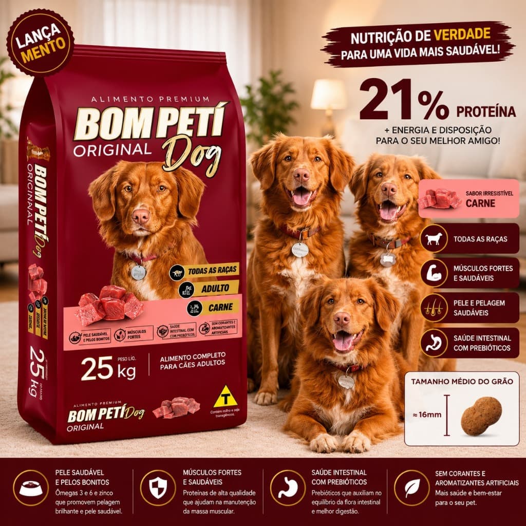 Ração Cachorro Adulto 25kg Bom Petí Dog Original Premium Sabor Carne 21% Proteína