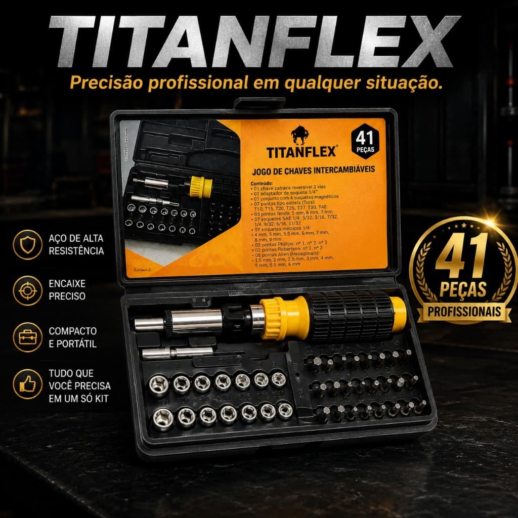 Jogo de Chaves e Soquetes 41 Peças TITANFLEX Kit Profissional com Maleta Chave Catraca Reversível Multifuncional Premium