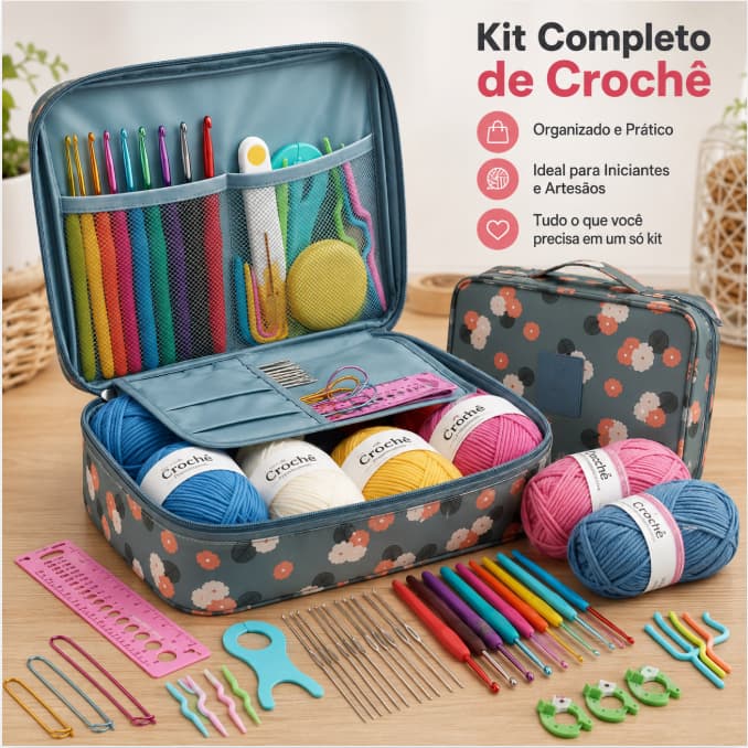 Kit Crochê Amigurumi 59 Peças com Agulhas, Tesoura e Acessórios para Artesanato