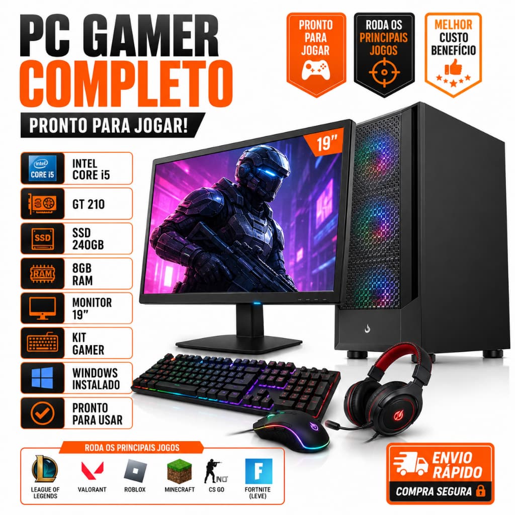 PC Gamer Completo Intel Core i5 + GT 210 | SSD 240GB | 8GB RAM | Monitor 19” | Kit Gamer | Windows | Roda LoL, Roblox, M