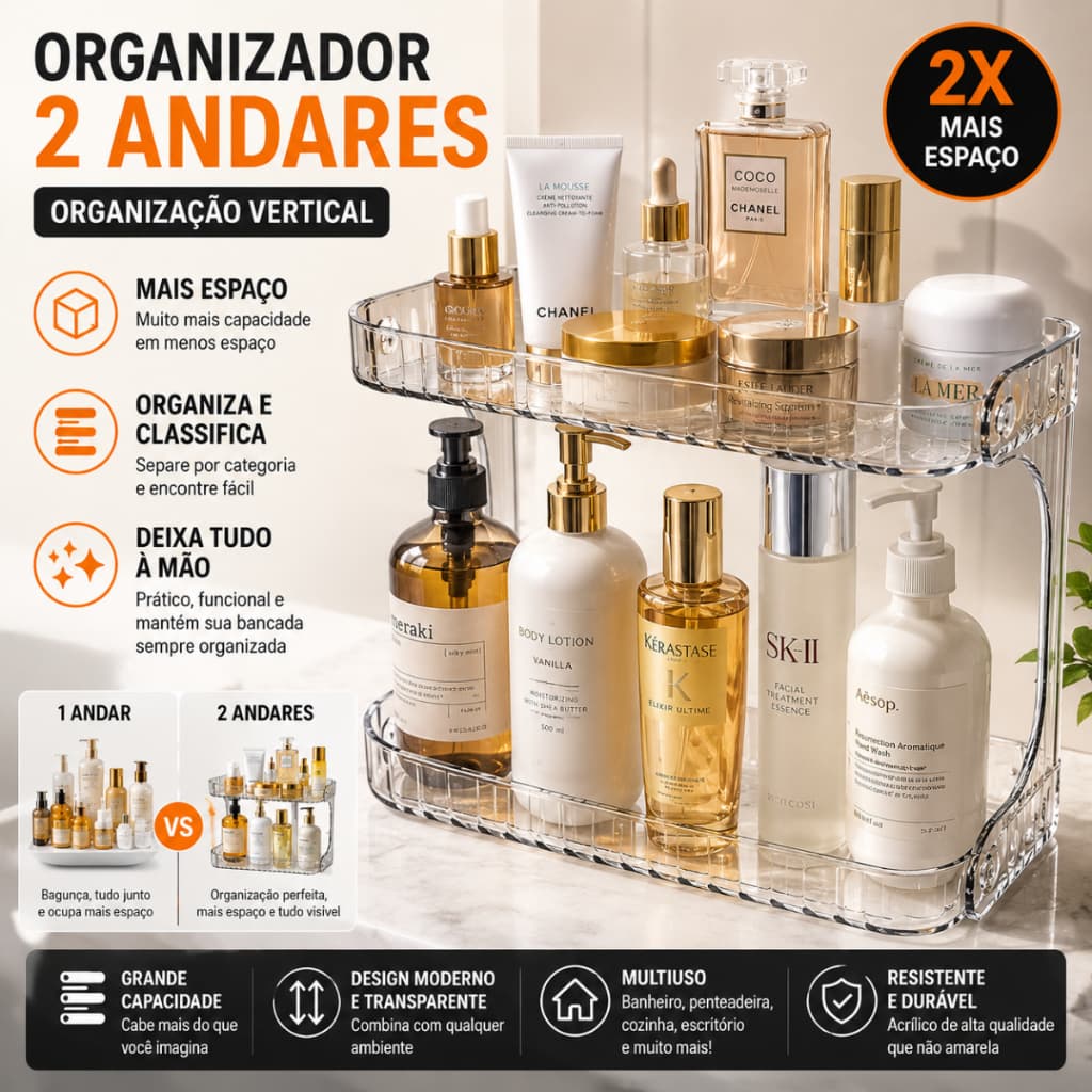 Organizador Acrílico 2 Andares Multiuso Banheiro Cozinha Prateleira Organizador Porta Maquiagem