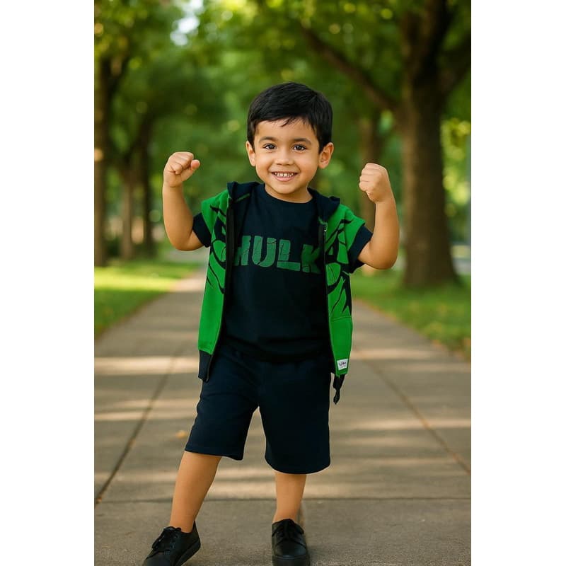 Conjunto Infantil Moletom  3 Peças: Bermuda, Camisa e Casaco com Capuz"