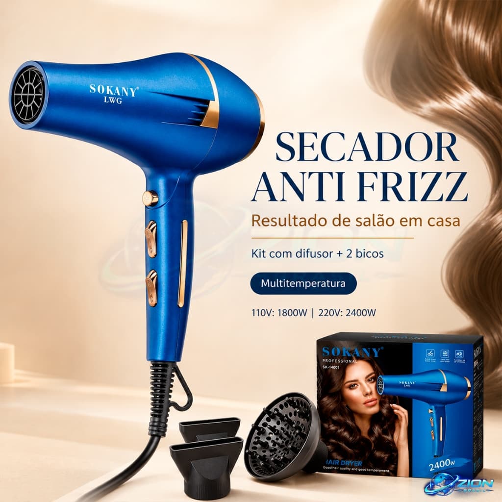 Secador de Cabelo Profissional 2400W 220v ou 110v 1800W Sokany Azul Anti frizz Com Difusor + 2 Bicos