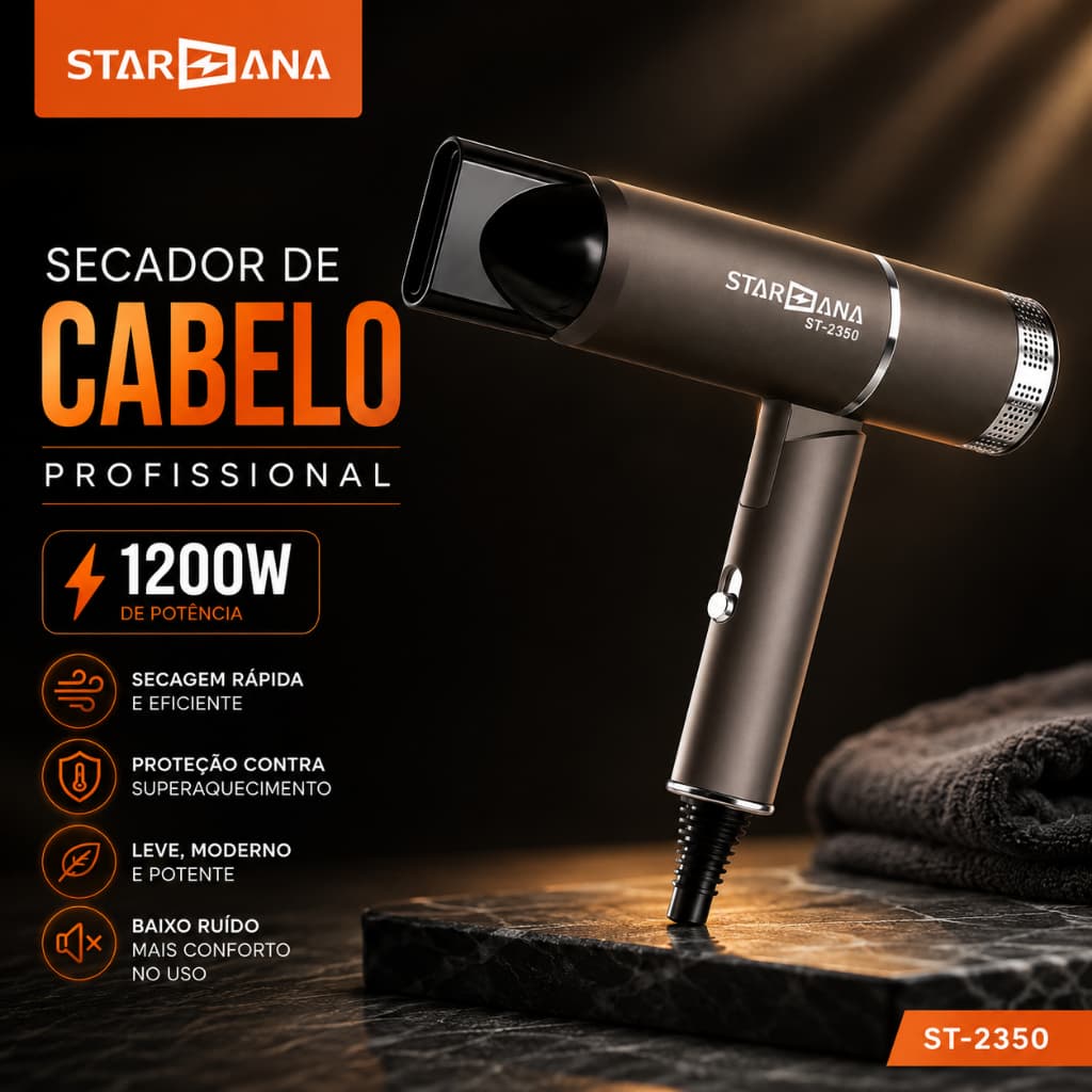 Secador De Cabelo Profissional STARANA 1200W Compacto Potente Viagem 127V e 227V