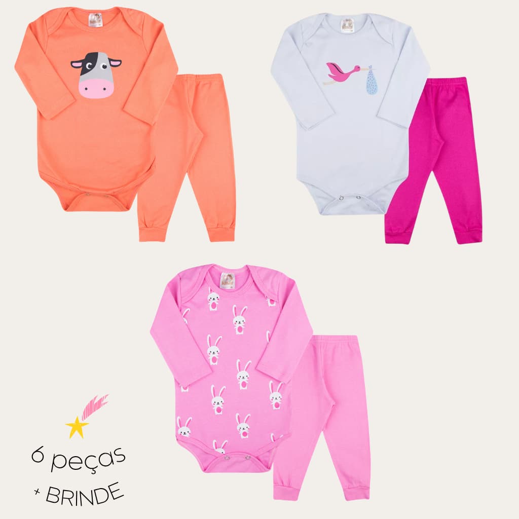 Kit Body Manga Longa e Calça Bebê Menina + Conjunto Roupa Infantil Confortavel para Bebê Menina