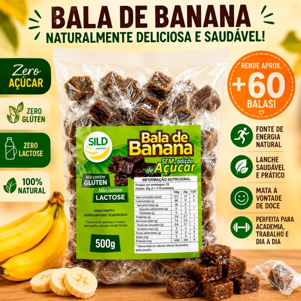 Bala de Banana Natural Zero Açúcar Saudável Super Saborosa Macia - Bala Diet Doce de Banana