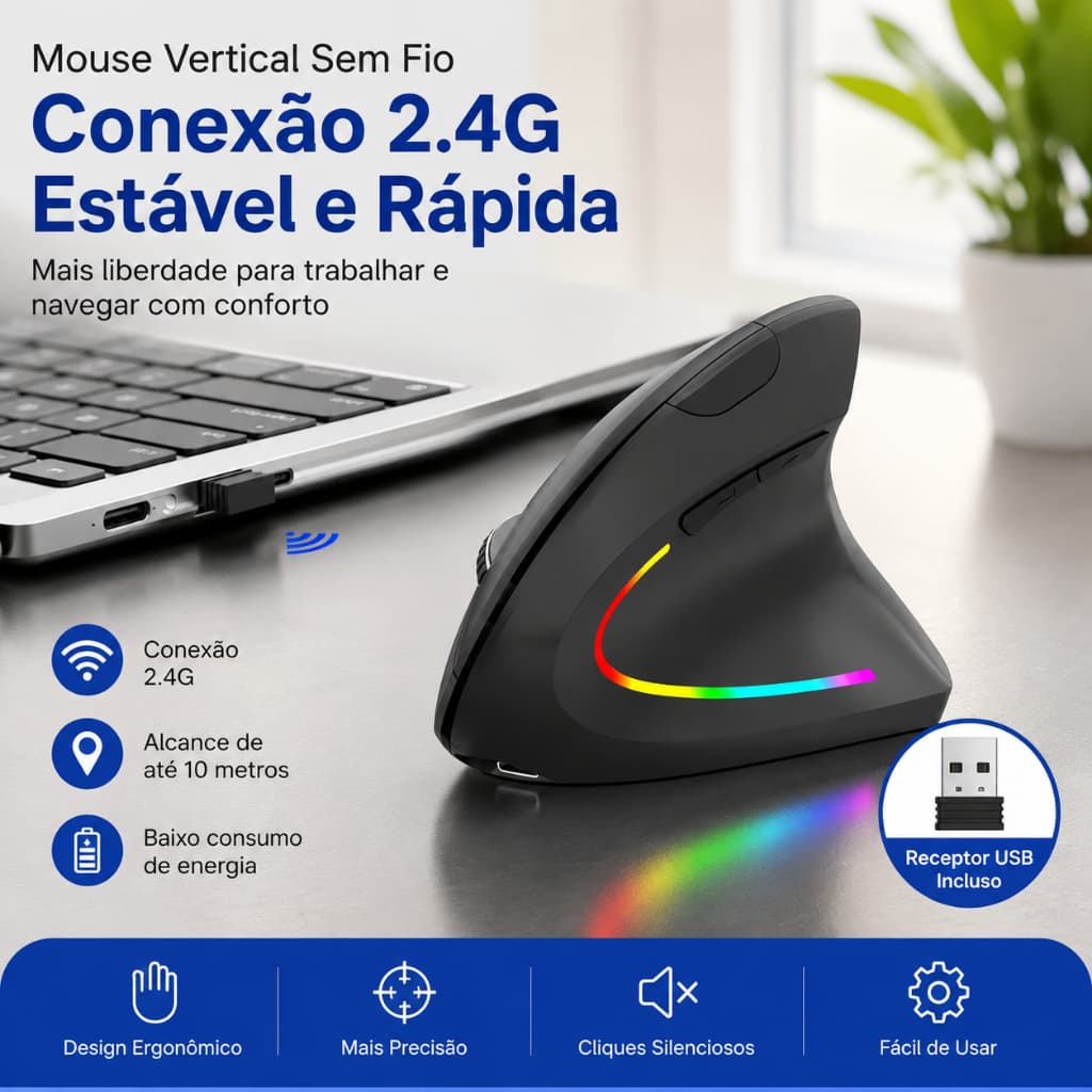Mouse Vertical Sem Fio Ergonômico Recarregável Bluetooth + 2.4G RGB LED 3 DPI Ajustáveis para Notebook e PC AL853
