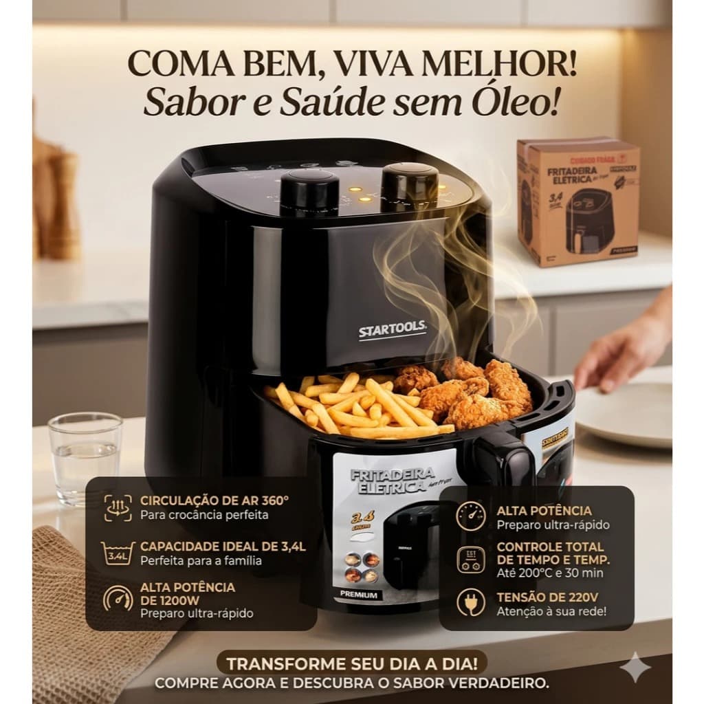 🔥 Fritadeira Elétrica Air Fryer 3,4L 1200W 220V Sem Óleo Antiaderente Cozinha Saudável