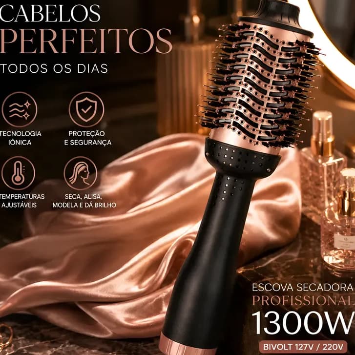 Escova Secadora Profissional 1300W Bivolt Seca Alisa Modela Reduz Frizz e da Brilho Intenso