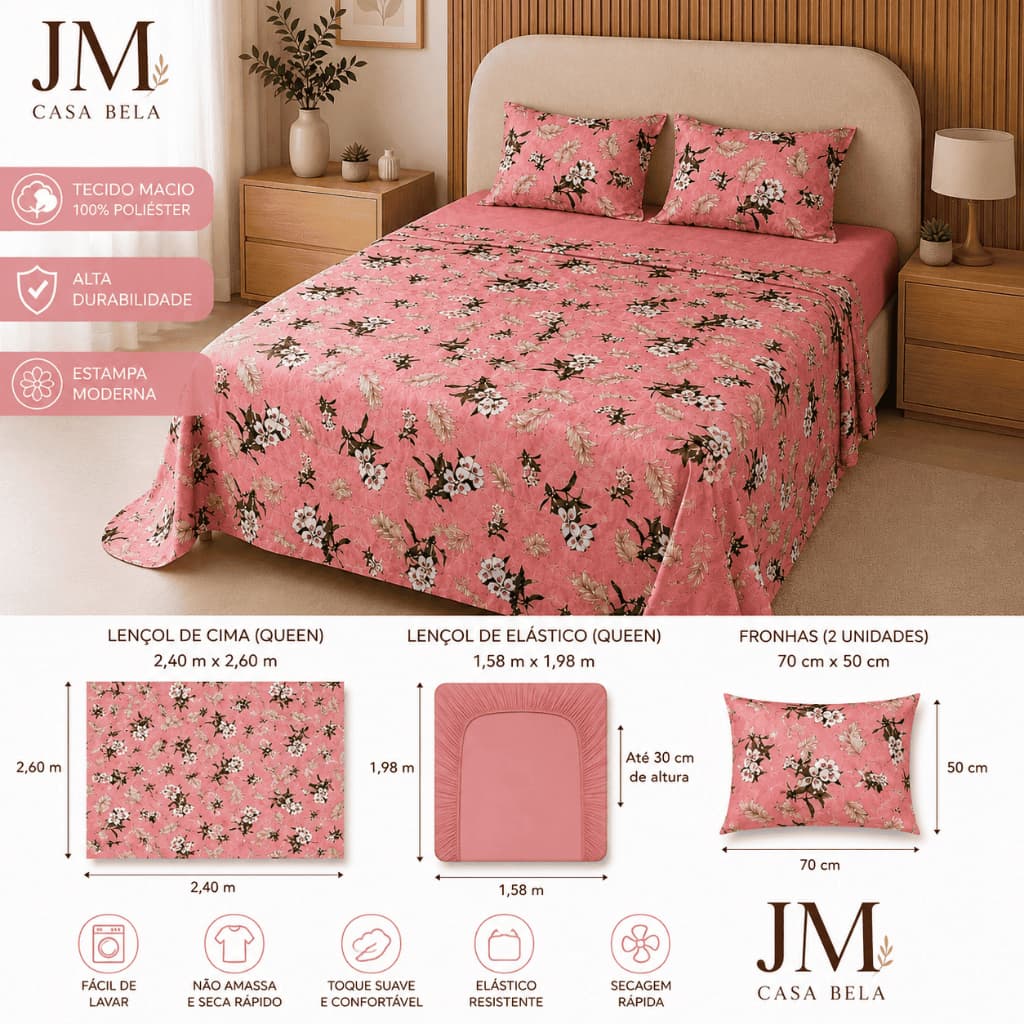 Jogo de Lençol 500 Fios Micro Percal Cama Casal e Queen – Toque Macio 4 Peças