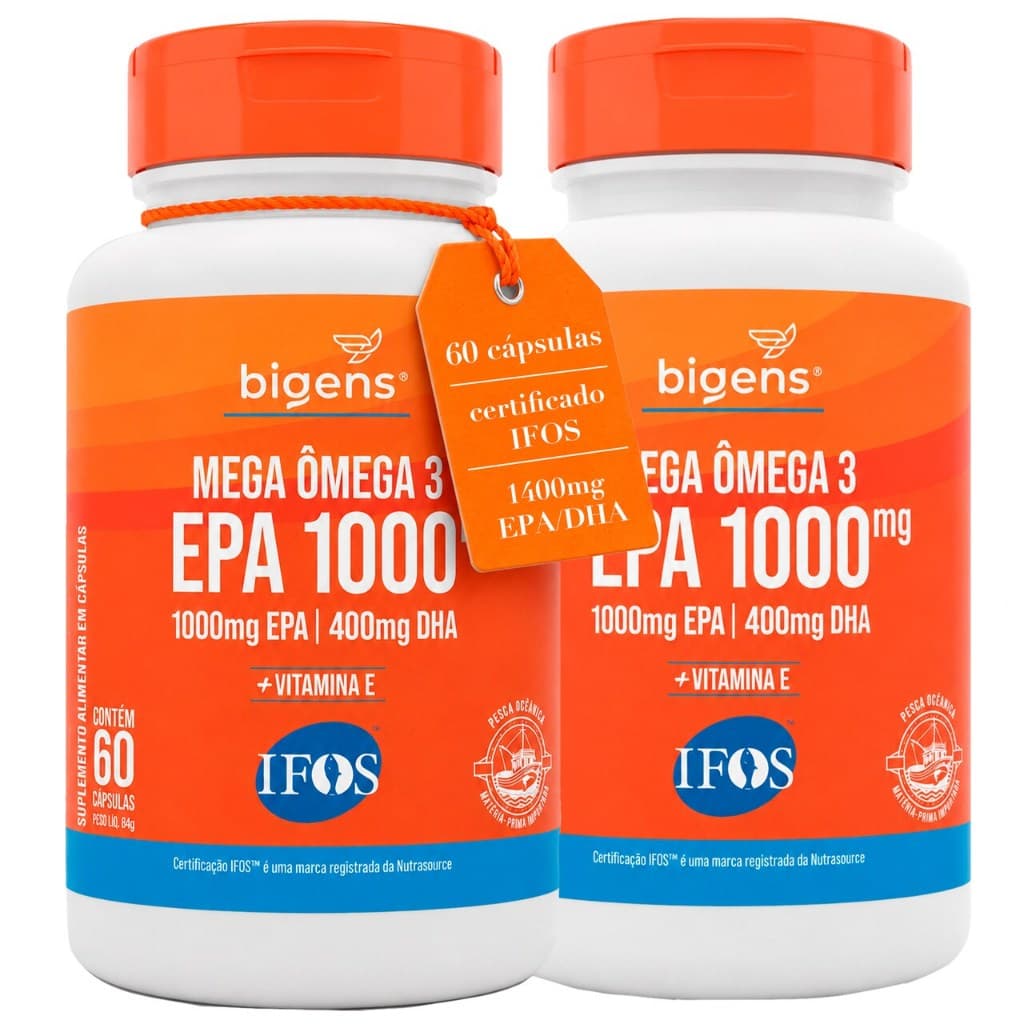 Bigens Kit 2x Mega Omega 3, EPA 1000mg DHA 400mg, com vitamina E, Certificado IFOS, 60 cápsulas