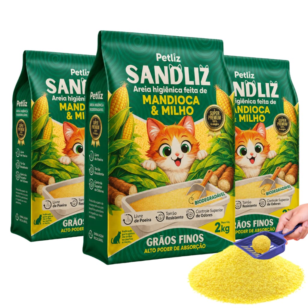 Kit 3 Areia Sanitária Higiênica Natural Premium Grãos Finos Milho Mandioca Gatos Sandliz Petliz 2 kg