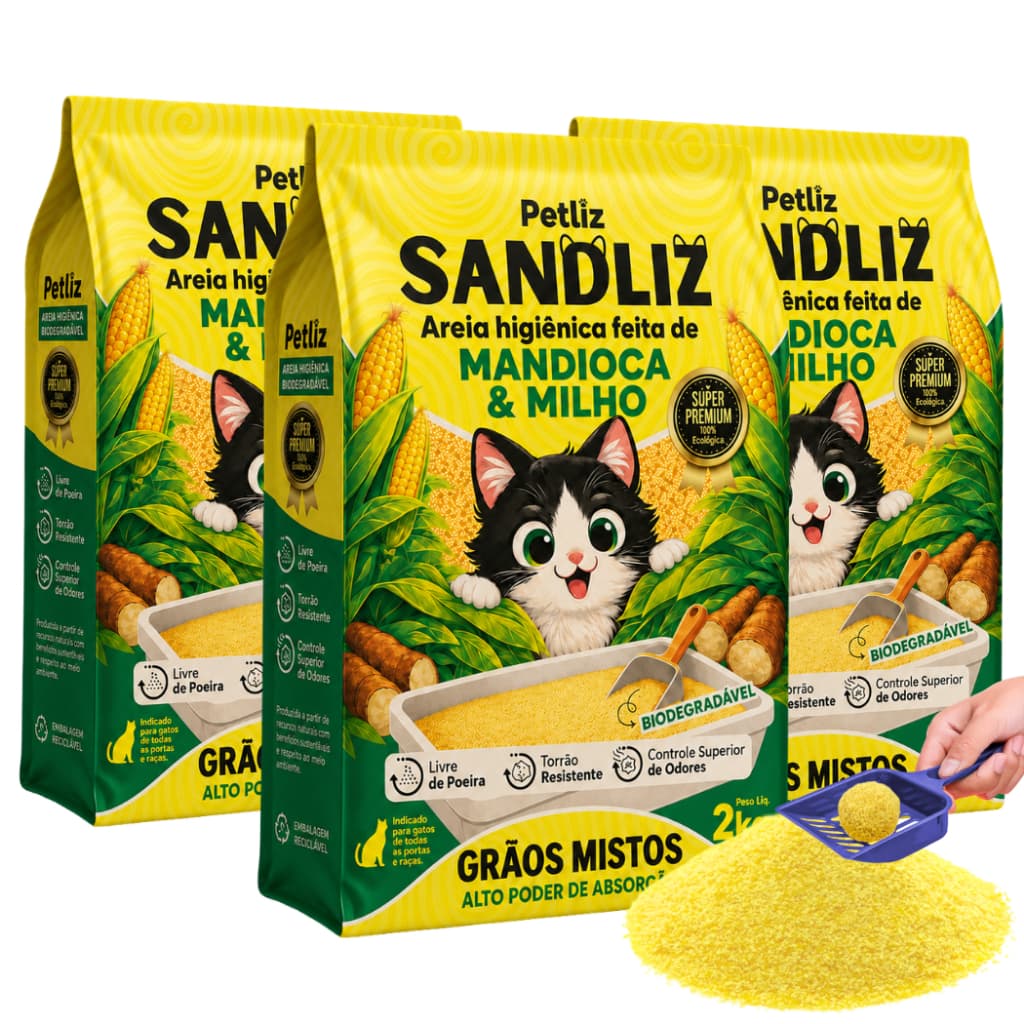 Kit 3 Areia Sanitária Higiênica Natural Premium Grãos Mistos Milho Mandioca Gato Sandliz Petliz 2 kg