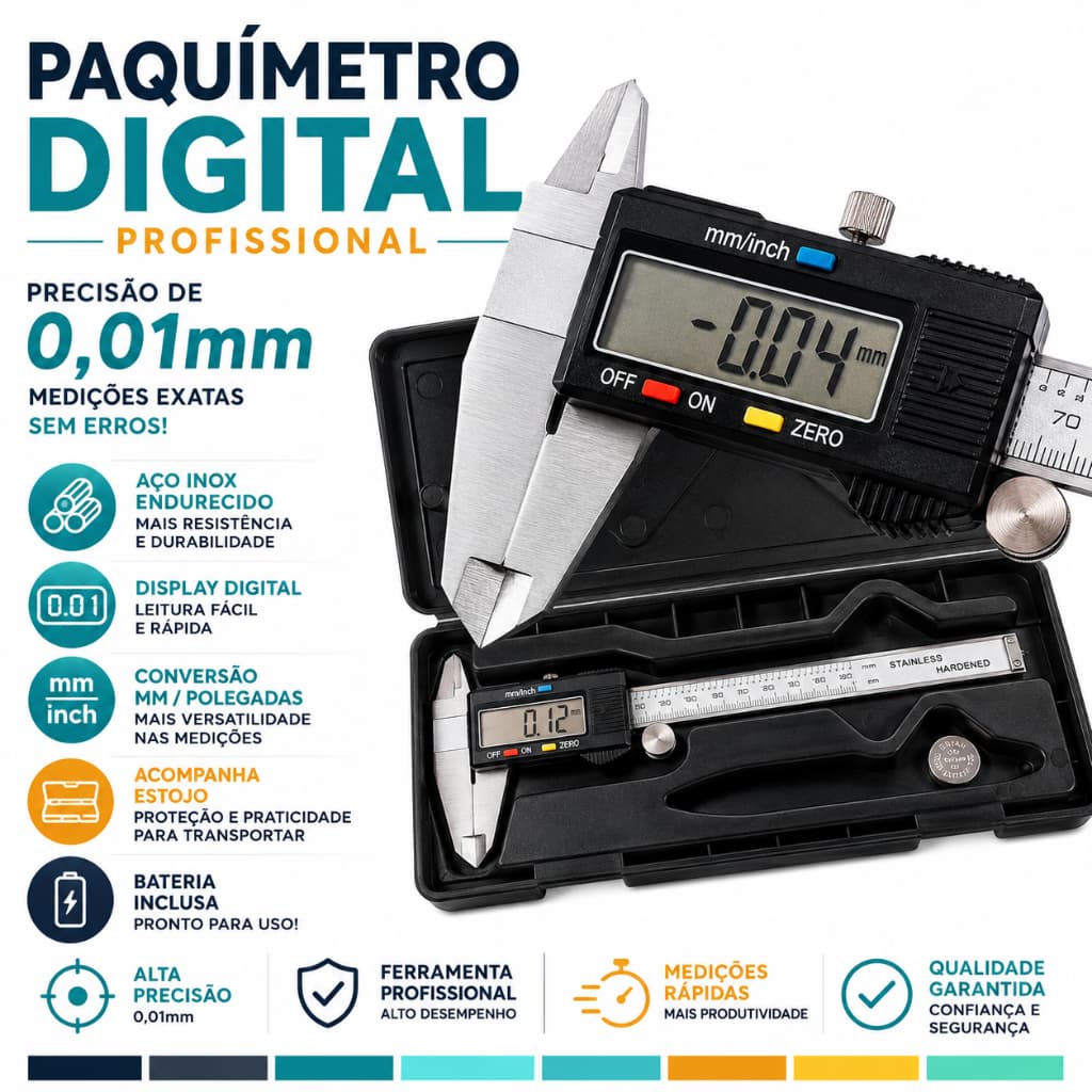 Paquímetro Digital Ferramenta Profissional Inox com Bateria Extra e  Estojo 150mm Universal Inox -CH
