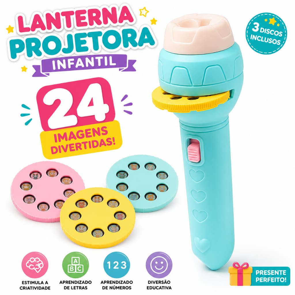 Lanterna Projetora Infantil com 3 Discos e 24 Imagens Sortidas Brinquedo Educativo e Divertido
