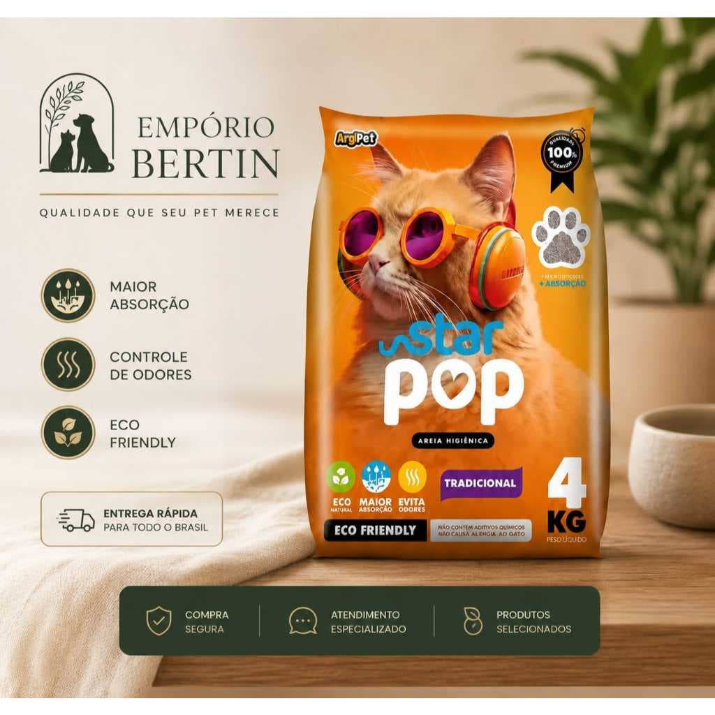 Areia Sanitária Gato Natural Argila Absorvente Antiodor Ecológica - Star Pop Tradicional 4kg- 1