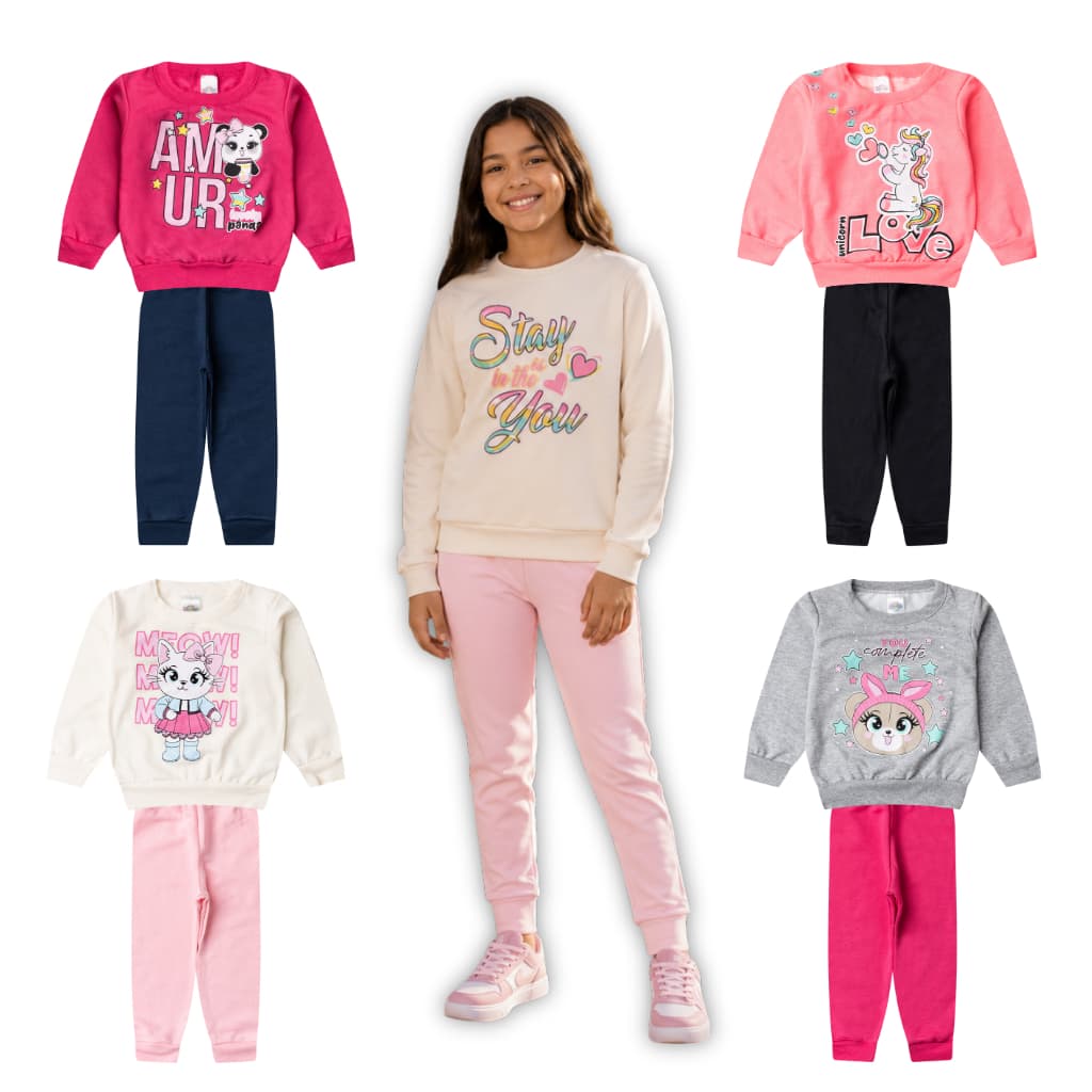 Kit 2 Peças Moletom Infantil Menina Inverno Conjunto 1 ao 14 Feminino Manga Longa Gola Careca
