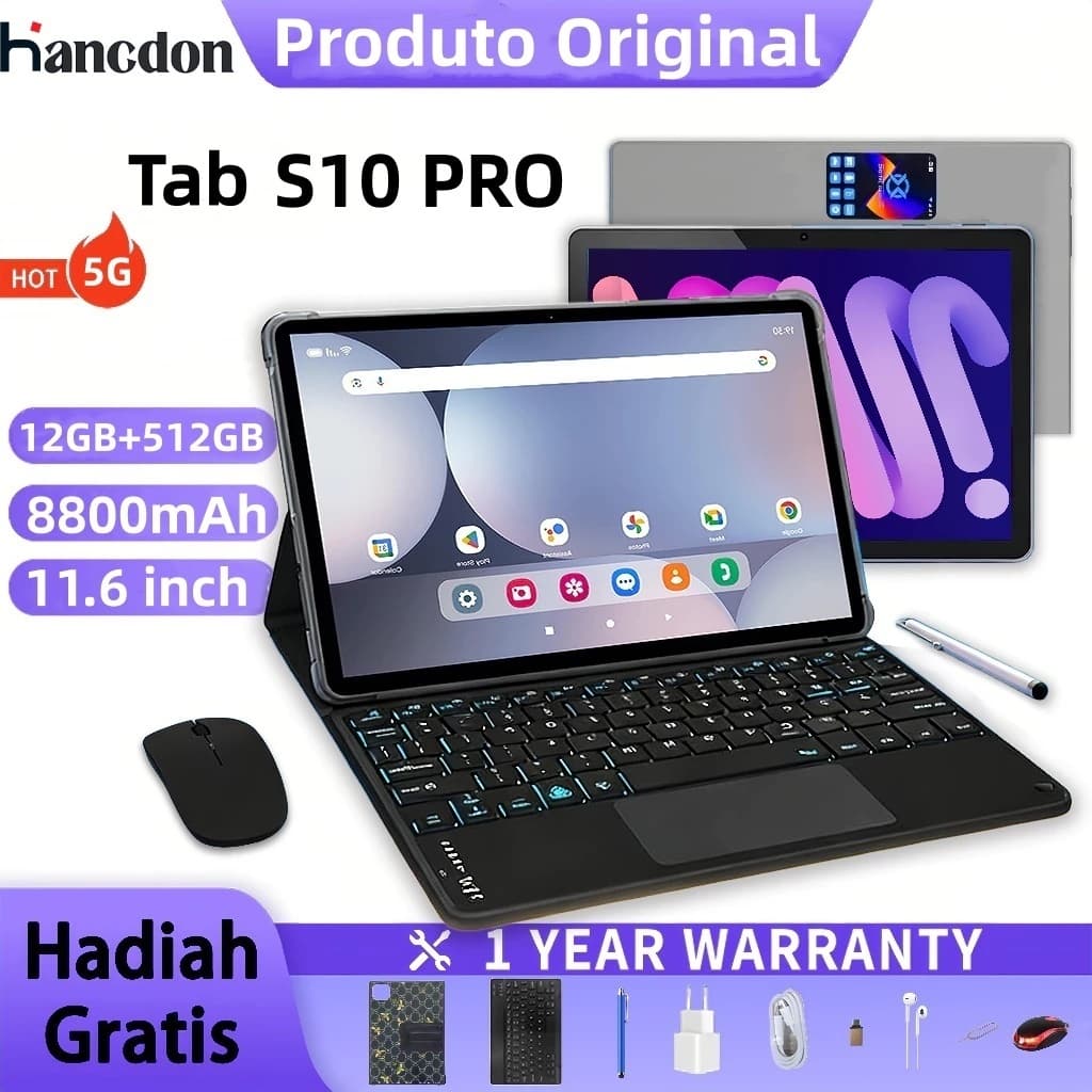 【Teclado + mouse grátis】Hancdon Tablet S10 PRO Android Tela Grande 11.6 FHD 12+512GB WiFi 5G Uso Trabalho Estudo 8800mah