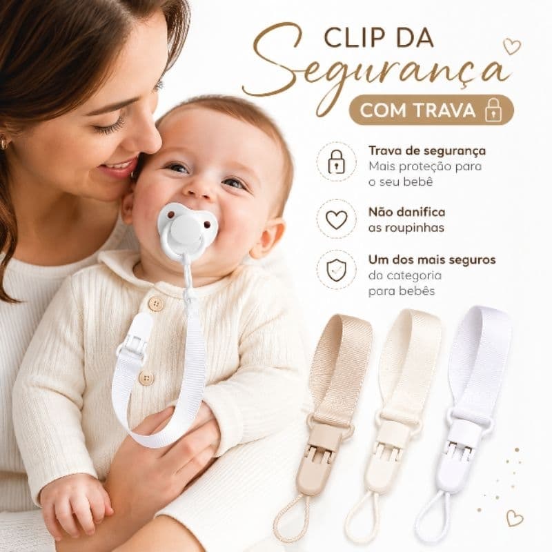 Kit 3 Prendedores de Chupeta  NEUTRO  de Bebê UNIVERSAL  Clip Seguro Trava Branco Off White Bege Cores lisas