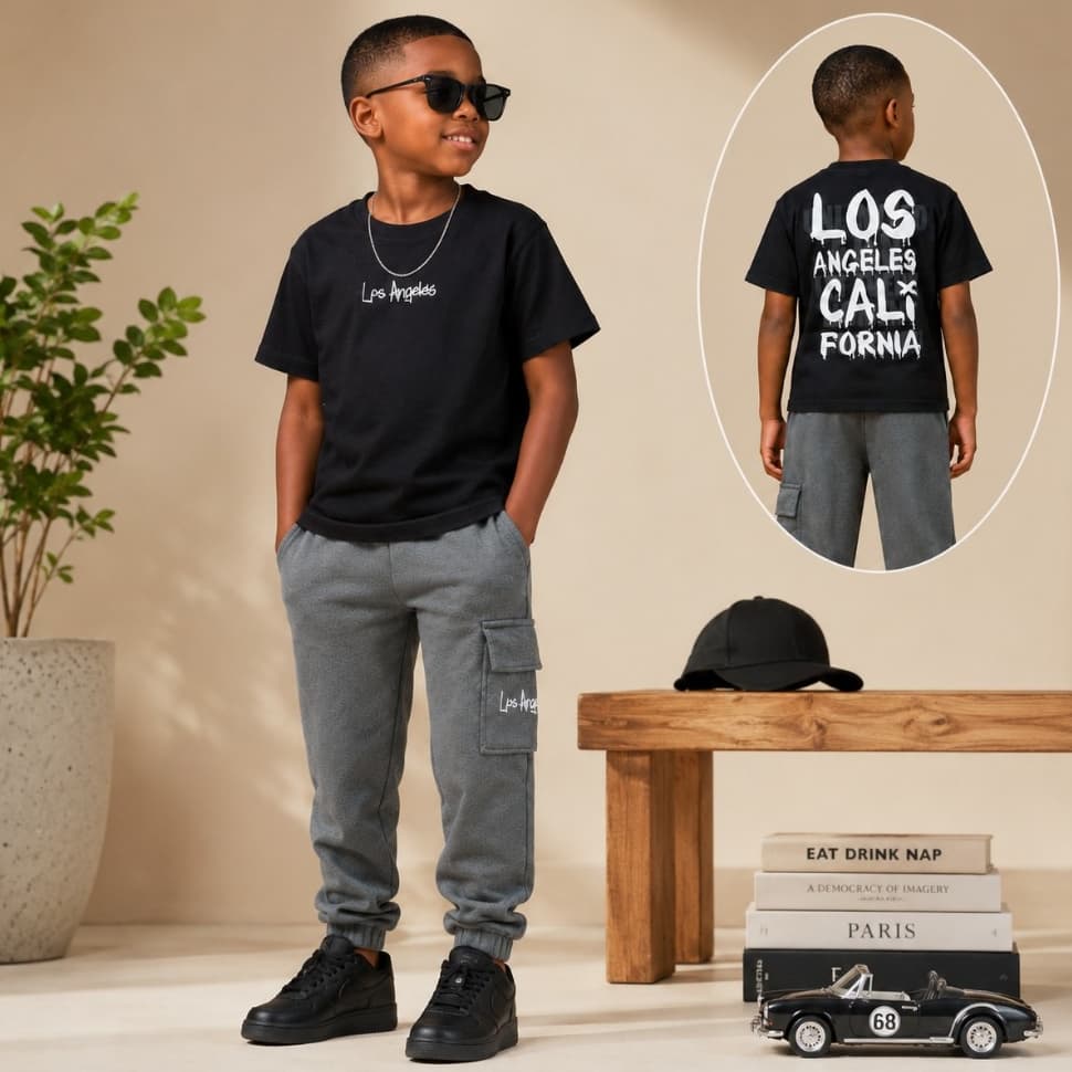 Novo Kit de 2 Peças Calça Moletom + Blusa Estampa nas Costas Conjunto de Frio Masculino Infantil