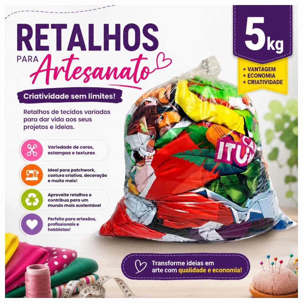 Kit 5kg Retalhos de Tecido para Artesanato, Patchwork e Costura Criativa