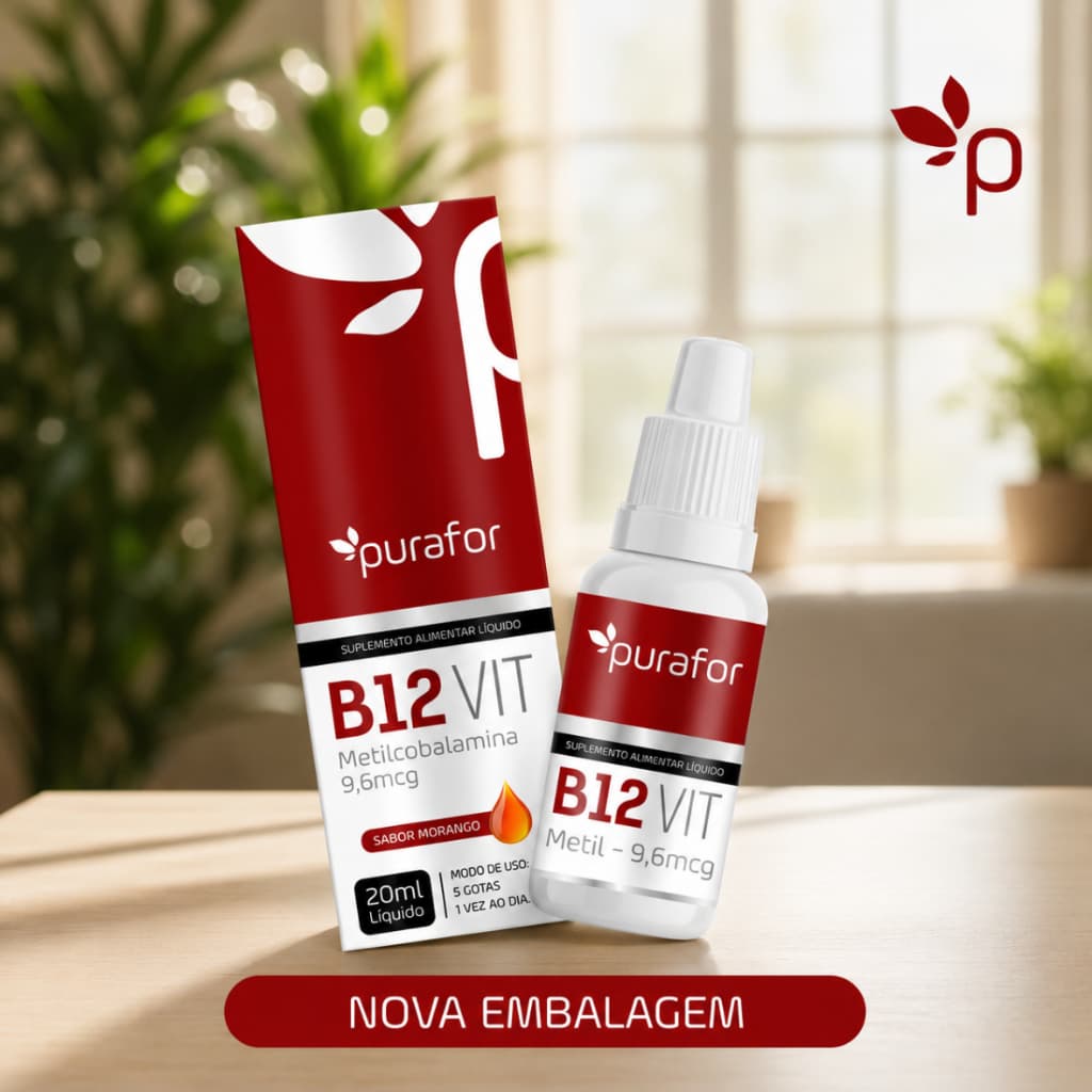 Vitamina B12 Metilcobalamina Líquida 20ml Purafor | Energia, Sistema Nervoso, Suplemento Vitamina B12 Alta Absorção