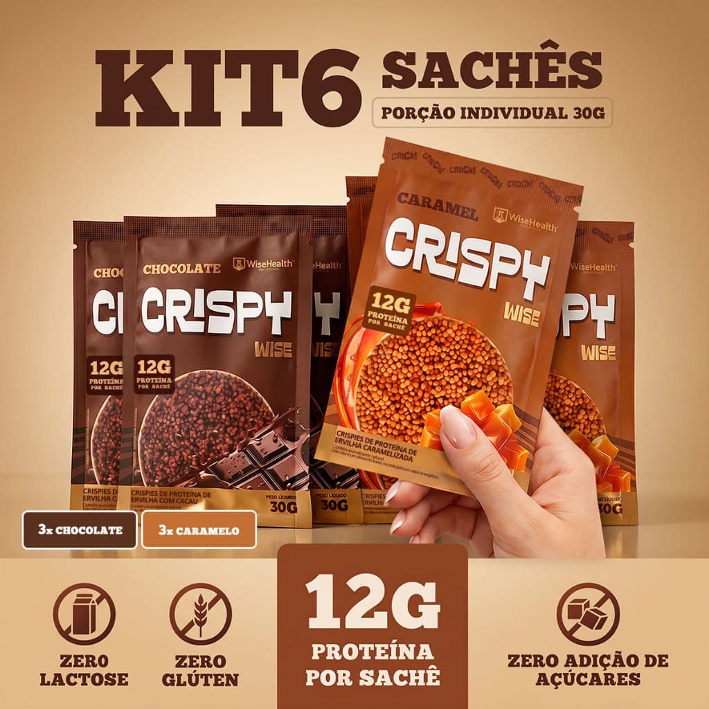 Kit 6 Crispy Wise Proteico Sabores Chocolate E Caramelo 30g Snack Saudável Delicioso Funcional